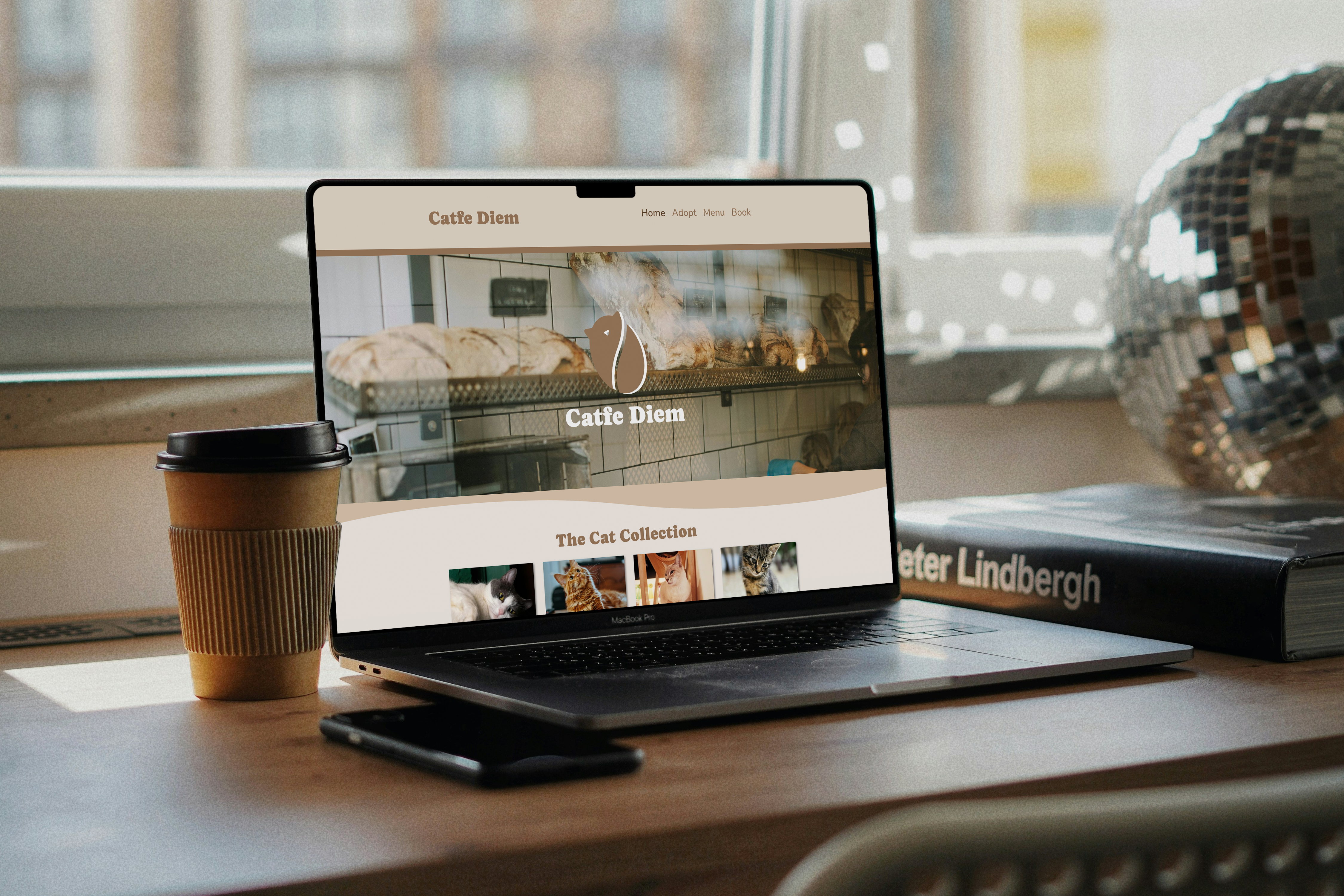 Preview of WordPress cat café website design featuring menu browsing and cozy branding